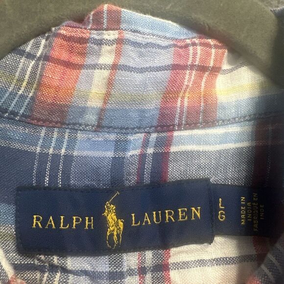 Ralph Lauren 100% Linen Plaid Button Down Shirt S/S Mens L Red White Blue Preppy - Picture 4 of 7